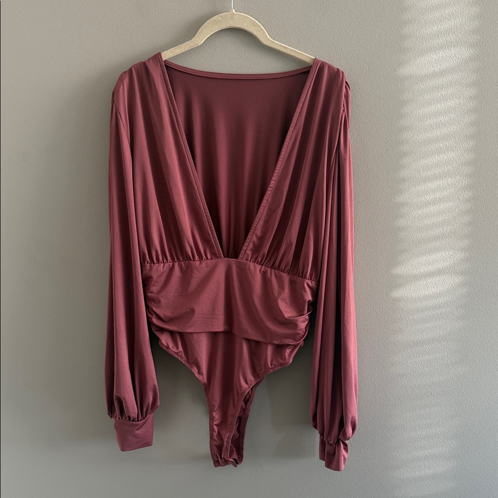 SHEIN Deep Marsala V-Neck Long Sleeve Thong Bodysuit